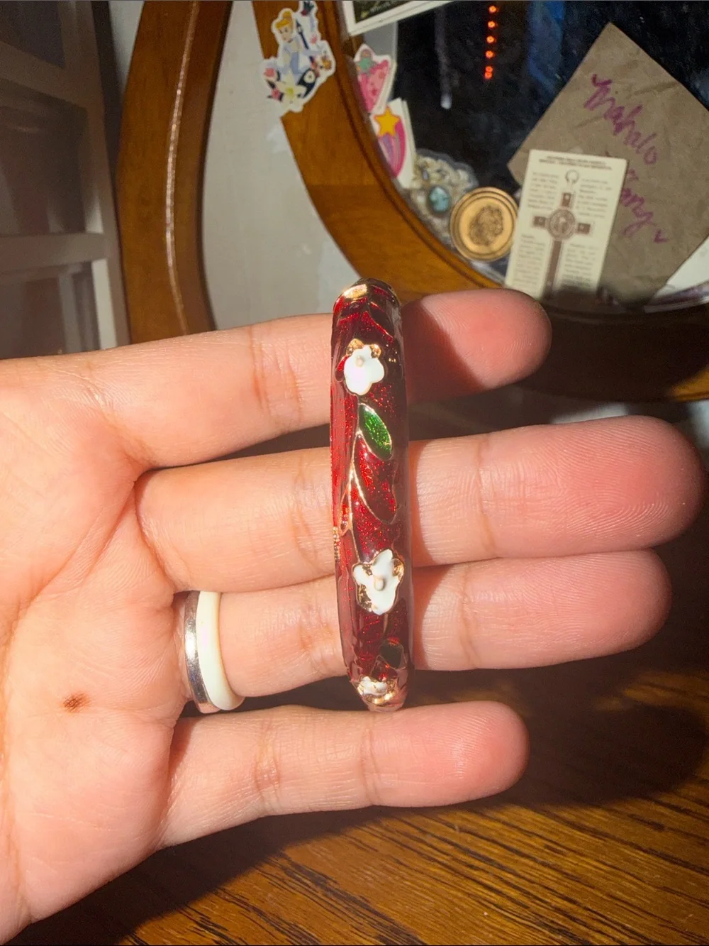 Elegant Red Cloisonné Bangle Bracelet with Green and White Accents